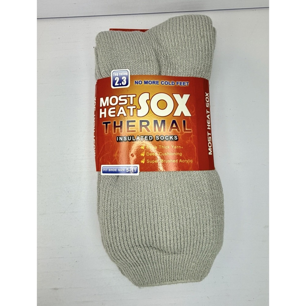 Most Heat Sox Thermal Insulated Socks Gray 5-11 Extra Thick Deep Cushioning